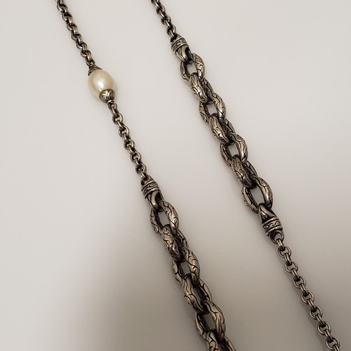 Scott Kay Sterling Silver Pearl Station Textured Link Necklace 42" - Picture 13 of 17