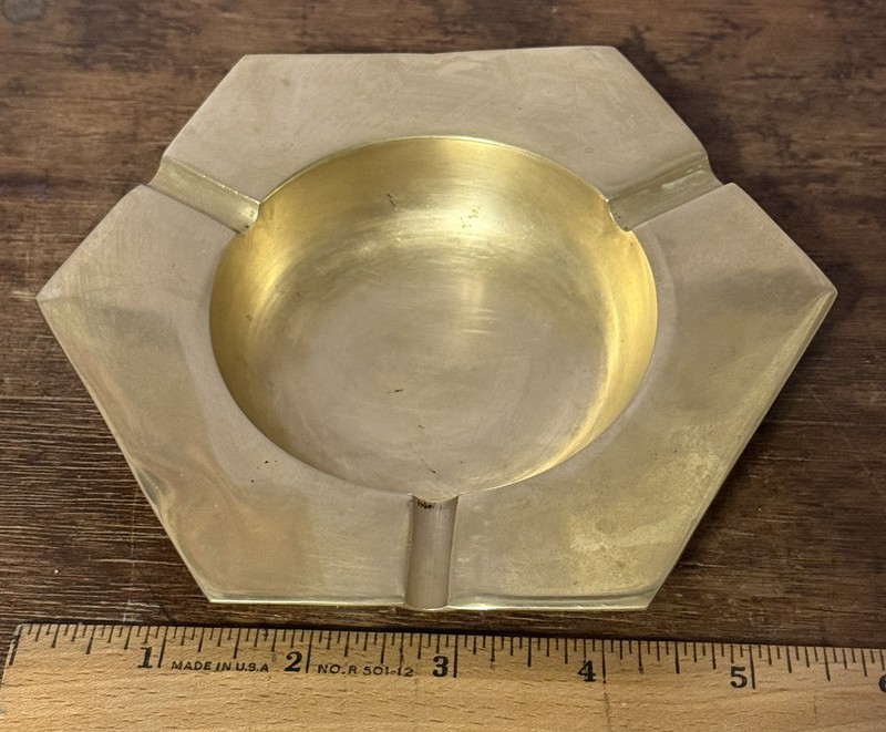 Vintage Gold Brass Hexagon Ashtray | 5" Mid-Century Modern (MCM) Geometric Catch