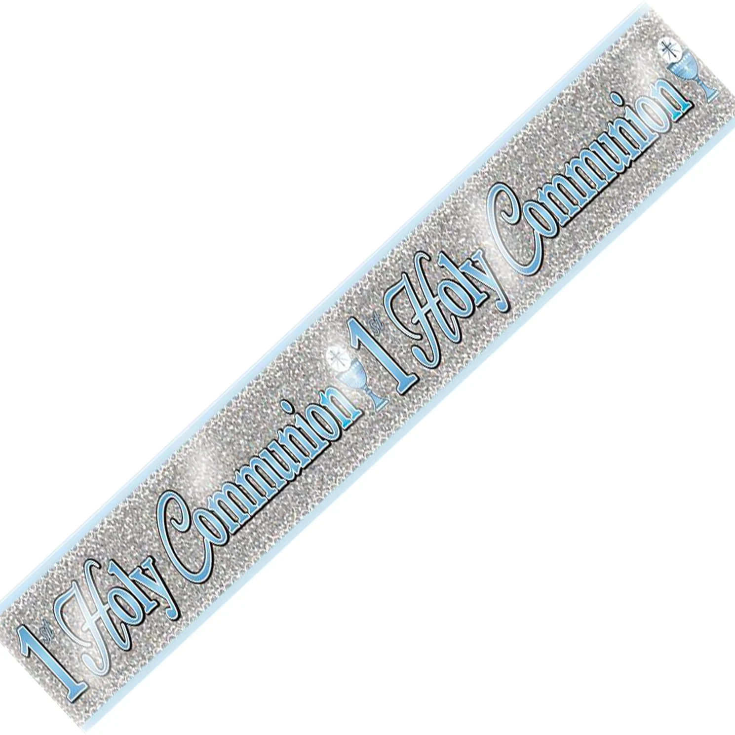First Holy Communion Banner Bunting Party Decoration Cross Blue Silver Foil 2.6m