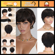 Short Pixie Wig with Bangs, Human Hair, Black Mixed with Brown Color