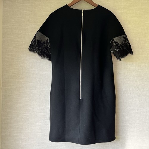 Cue Size 14 Black Thick Wool Blend Dress Short Lace Sleeves With Pockets - Picture 9 of 12