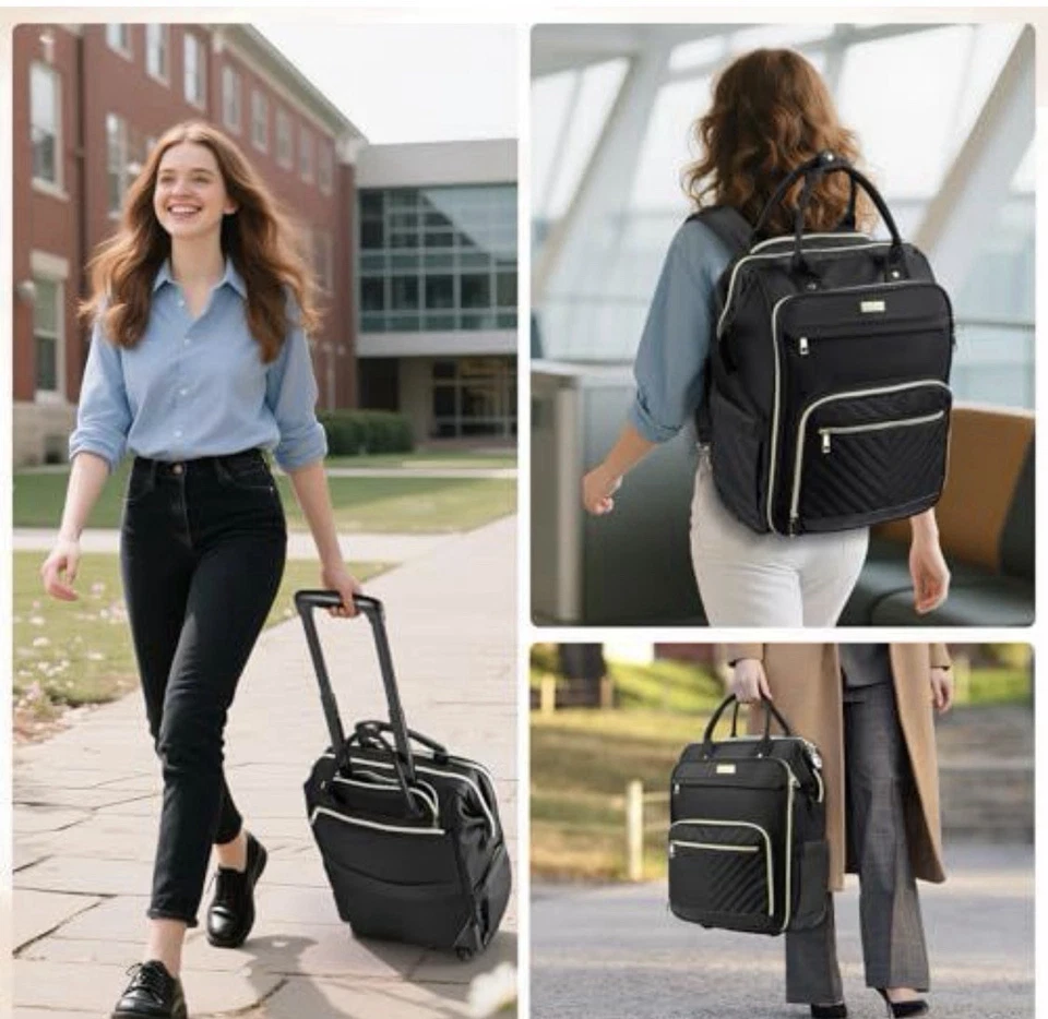 Equipaje de mano debajo del asiento con ruedas - Mochila con ruedas para mujer con negro Foto 3 de 4
