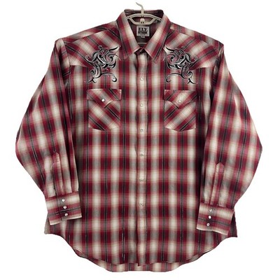 Ely Cattleman Pearl Snap Western Shirt Mens 2XL Red Shadow Plaid Yoke Design