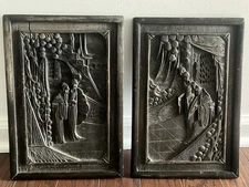 Asian Chinese Hand Carved Wood Plaque Panels in Relief  Pair 9x 13