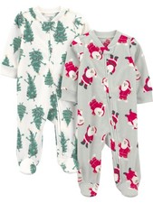 Neutral Holiday Loose-fit Fleece Footed Pajamas, Santa  Trees, 0-3 Months
