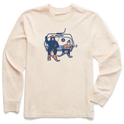 Life Is Good Jake Bear Ski Lift Long Sleeve Crusher Tee Men's Shirt, Putty White