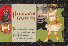 Halloween, Winsch, Girl With Masks, Owl, Starry Border, Vintage PC U30815