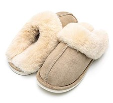 Womens Winter Warm Slipper Faux Fur Fluffy Slip-On House 7.5-8.5 Khaki1
