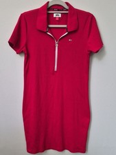 Tommy Hilfiger Jeans Dress M Rib Knit Red Short-Sleeve Zip Sporty Tennis Mini