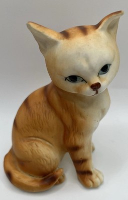 Vintage Porcelain Cat Figurine Orange Striped TABBY Green Eyes Matte Finish