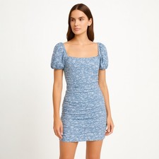 Nasty Gal Blue Floral Print Square Neck Puff Sleeve Ruched Bodycon Mini Dress 8