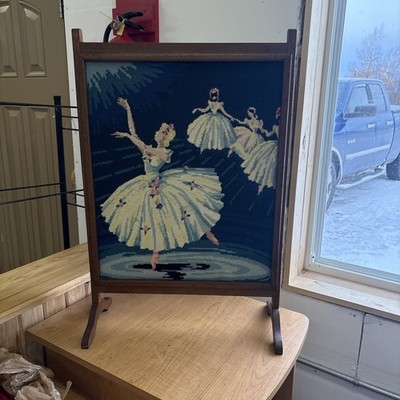 Vintage Hand-Stitched Needlepoint Ballet Dancers Standing Wood Frame Beautiful