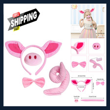 Pig Costume Accessories Set, Pink Pig Ear Headband Nose Tail Bow, Halloween