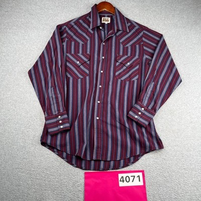 Ely Cattleman Pearl Snap Western Shirt Burgundy Striped Long Sleeve Mens Medium