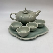 Mini 7 Piece Tea Set Celedon Green Leaf  Pumpkin Shaped, Vintage Cottage Nature