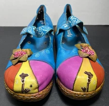 Women's 42/US10 Socofy Blue Colorful Leather Floral Baroque Mary Jane Shoes