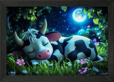Mucca addormentata sotto il chiaro di luna poster arte da parete con cornice quadro stampa su tela