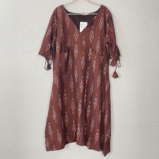Indophilia Ikat Wheat Midi Dress Plus 3X Tassel Sharkbite Resort Boho Artisanal