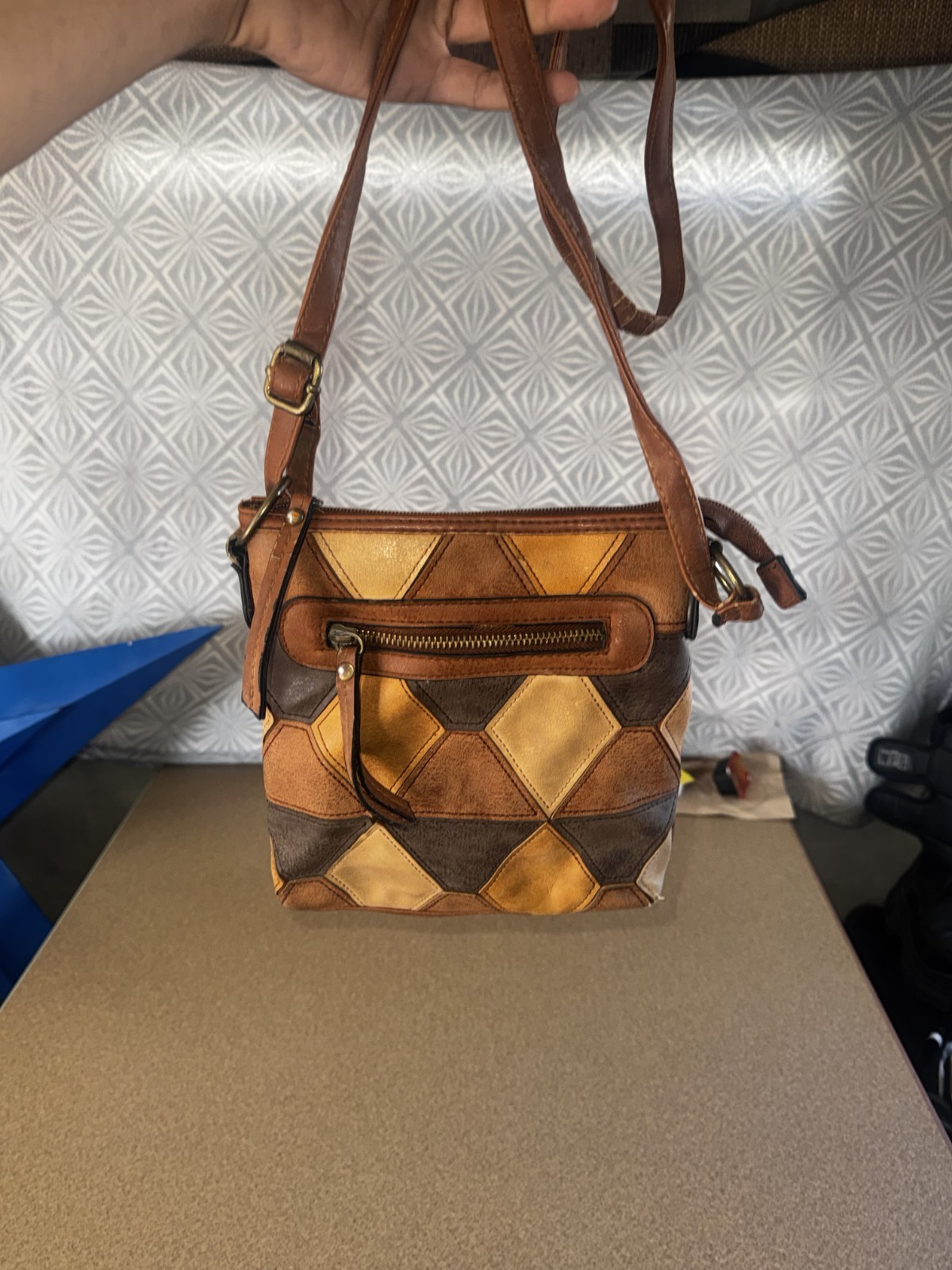 Patchwork Brown Yellow Tan Crossbody Shoulder Bag… - image 1