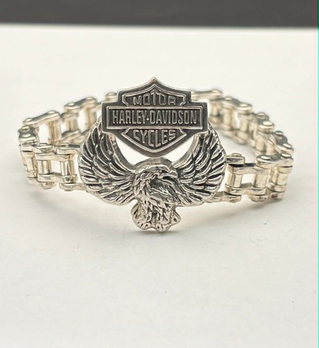 Vintage Sterling Silver Harley Davidson Emblem Bike Chain Bracelet Heavy 68G