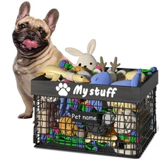 Dog Toy Bin Toy Basket Metal Storage Box with Handles Dog Organizer Chew-Proo...