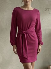 Fashion Burgundy Knit Shift Dress S Long Sleeve Balloon Tie Waist Stretch