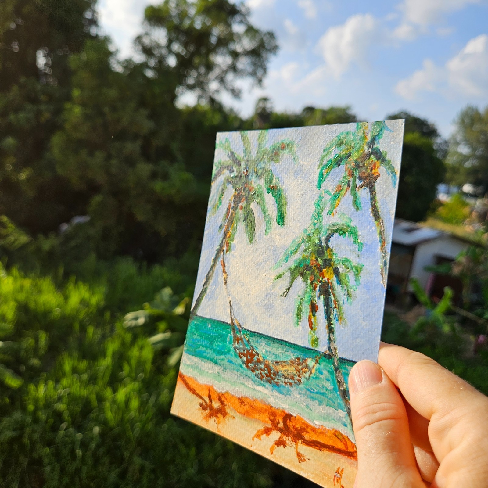 Playa Tropical Pintura Original Palmeras Hamaca Océano Paisaje Marino Postal