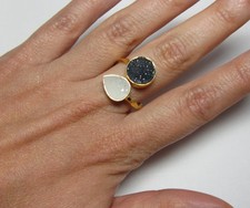Marz Gems Gold Plated Sterl. Silver Black  White Druzy Gemstone Adjustable Ring