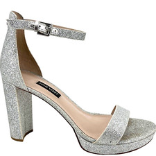 Women's Nine West Dempsey Silver Glitter Platform Formal Sandals Heels Shoes 9M