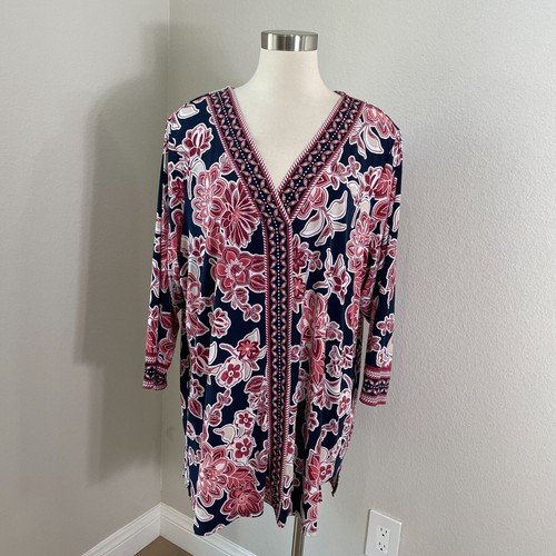 JM Collection Womens Plus 4X Floral 3/4 Sleeve Tunic Top Stretch V Neck Shirt