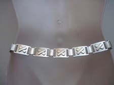 Small Waist Belt Black Leather Combo Metal Chains Pendants with Brass X Marks