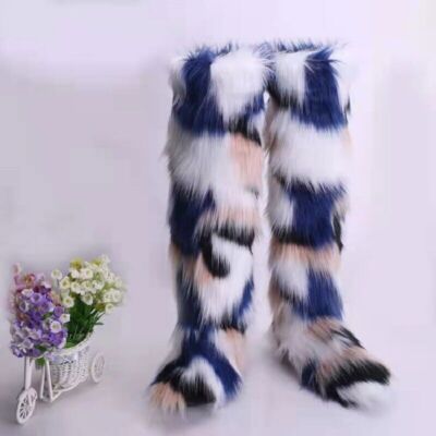 Winter Thigh High Plush Boots Women's Faux Fox Fur Long Thermal Shoes
