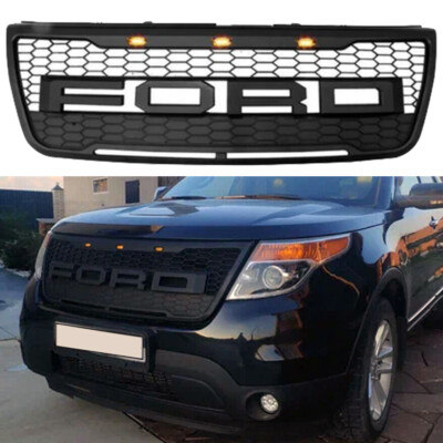Front Grille For 2011 12-2015 Ford Explorer Grill &Letters &LEDs Matte Black ABS