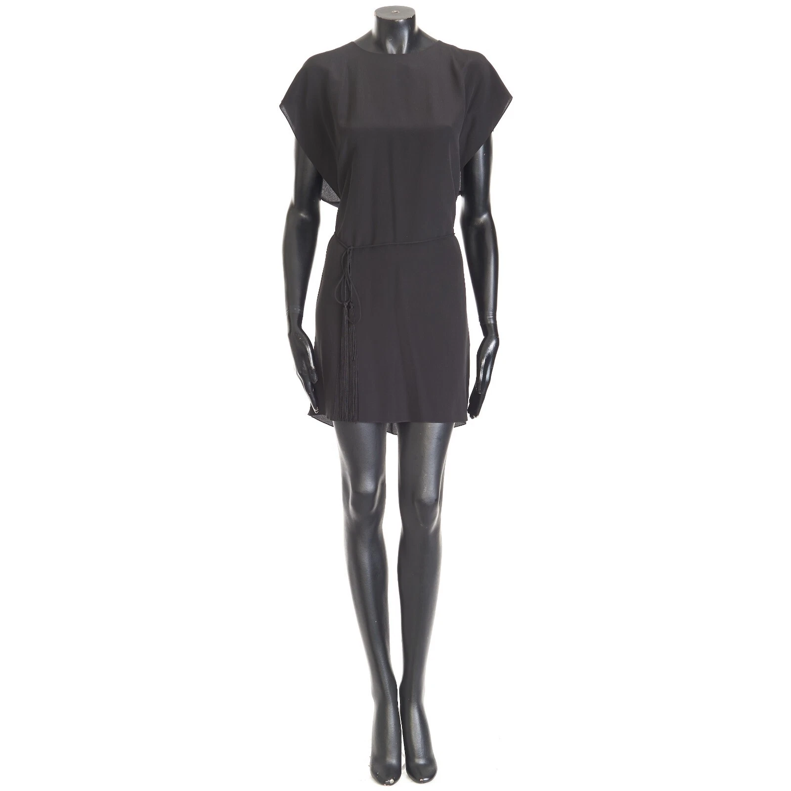 Saint Laurent — SAINT LAURENT 1490$ Flowing Caftan Tassels Dress In Black Silk Crepe