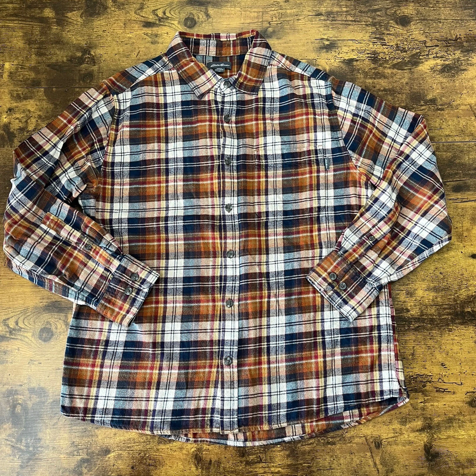 Eddie Bauer Flannel Shirt Mens Large Navy Red Mustard White Plaid Long Sleeve