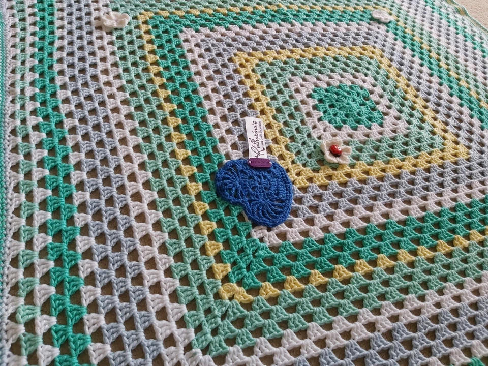 HANDMADE Crochet Baby Boy Girl Blanket in Greens, White, Yellow, Blue 70x65cm  - Image 3 of 4