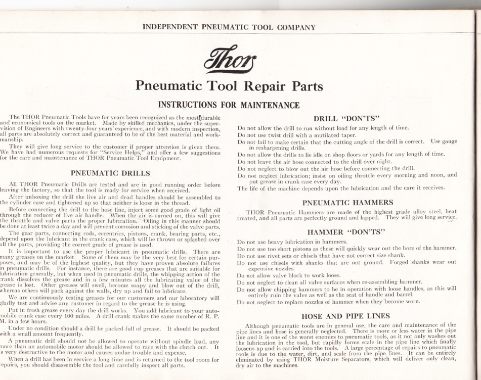 THOR PNEUMATIC TOOL REPAIR PARTS CATALOG NO. 13. PUBLISHED 1911 IN