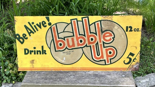 Vtg 1930s 40s Bubble Up Soda Pop 5¢ Advertising Embossed Metal Sign 27.25”