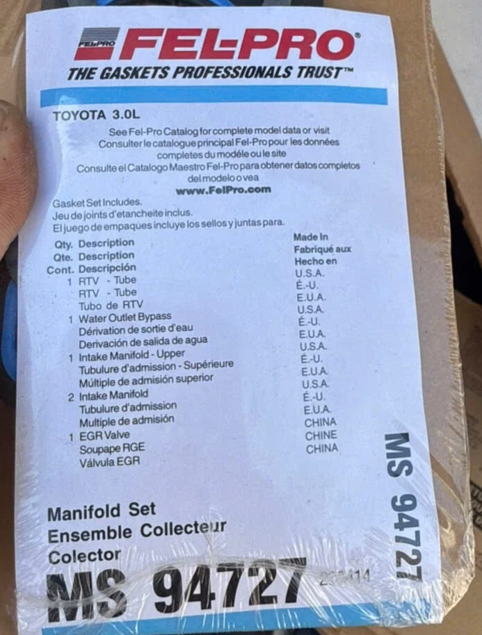 Juego de juntas de colector de admisión Fel-Pro MS 94727 para camioneta Toyota 4Runner T100 88-95 Foto 2 de 2