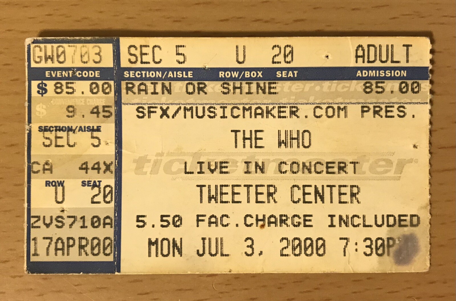 2000 THE WHO BOSTON CONCERT TICKET STUB MY GENERATION BABA ORILEY TOWNSHEND