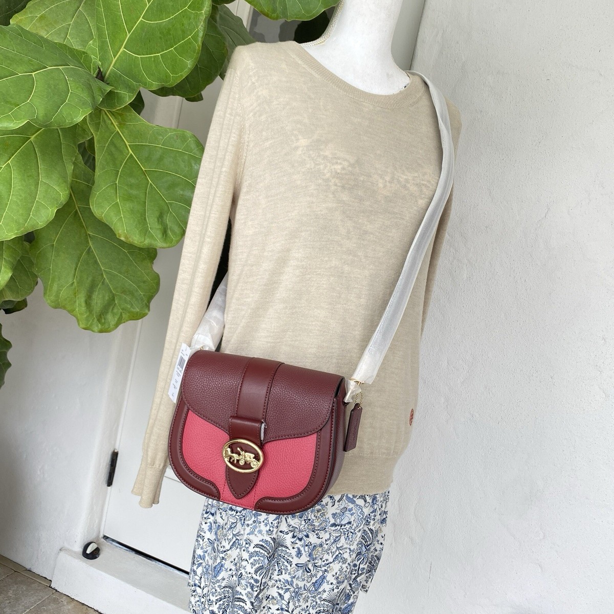 Coach Georgie Saddle Color block Leather Crossbody Cherry Multi