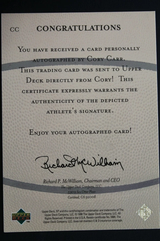 Cory Carr Texas Tech Autographed 1998 Upper Deck SP Signed Basketball Card  - Image 2 of 2