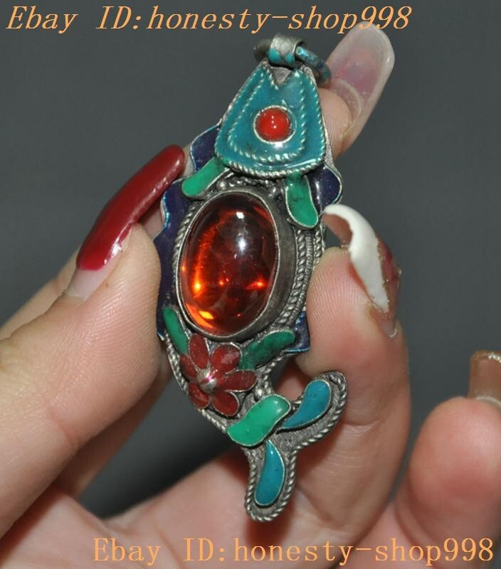 Chinese ancient dynasty Tibetan silver Cloisonne gem fish statue amulet ...