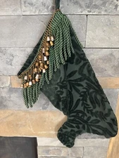 Victorian Style Dark Green w/Velvet Baroque w/bells Christmas Stocking 19" Long