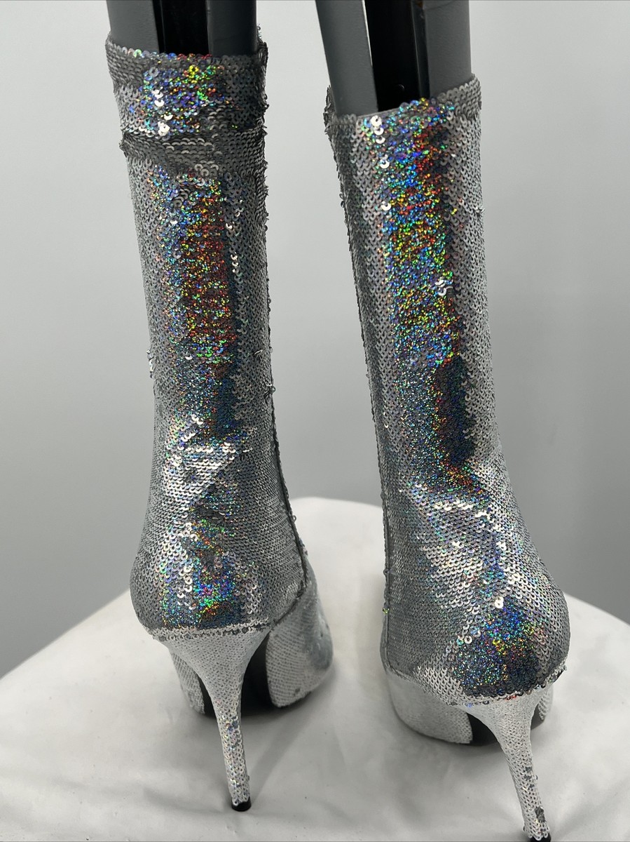 BALENCIAGA Women's Stiletto Silver GLITTER Knife Mid-Calf BALENCIAGA Women's Stiletto Silver GLITTER Knife Mid-Calf