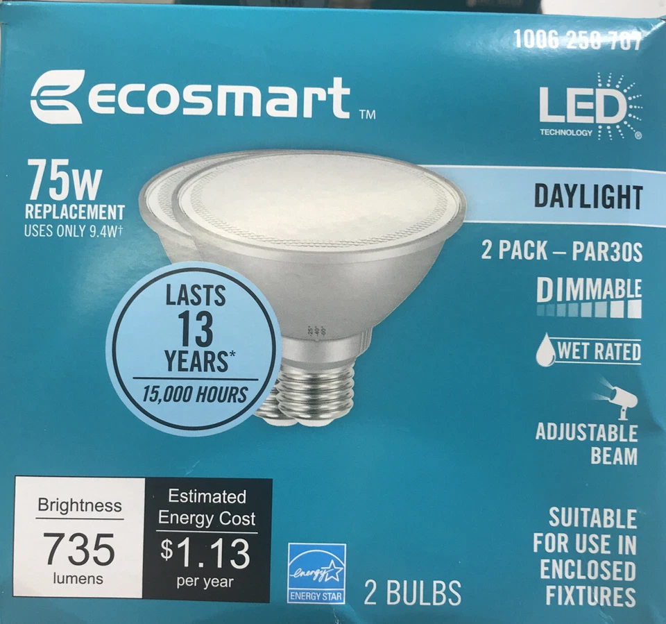 4 EcoSmart Two Packs 9.4W  75W Equivalent Light Bulbs PAR30S Dimmable Flood LED - Image 2 of 4