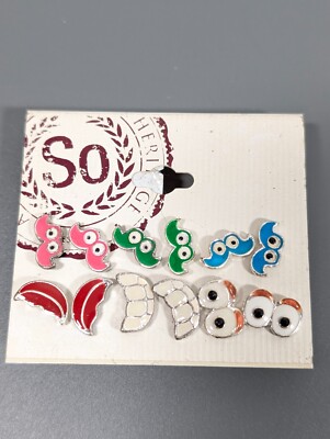 SO Set of 6 Pair Stud Earrings Mustache Smile Eyes Teeth Pierced