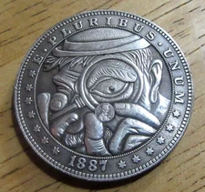 1887 Hobo Man Looking at US Hobo Penny - Hobo Nickel Coin - Abstract Art Craft
