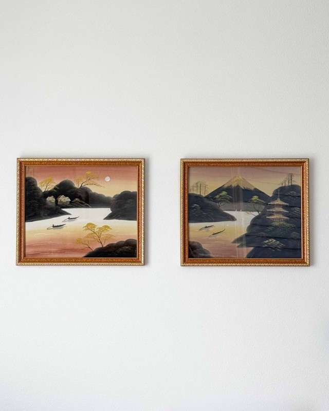 MCM Japanese Landscape Watercolor Paintings on Silk Signed Framed Pair 16"x19"