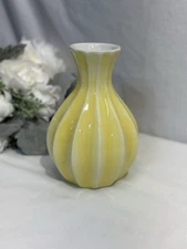 Pretty 7” Vintage FTD Canary Yellow Fluted Bohemian Ceramic Floral Vase 1980's